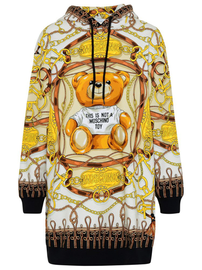 Moschino Teddy Bear Scarf Print Cotton Hooded Dress In Multicolor