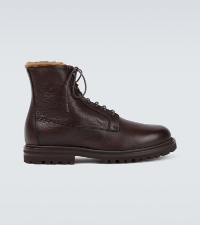 Brunello Cucinelli Shearling-lined Full-grain Leather Boots In Marrone