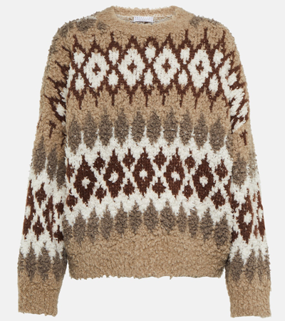 Brunello Cucinelli Diamond Pattern Striped Knit Sweater In Brown
