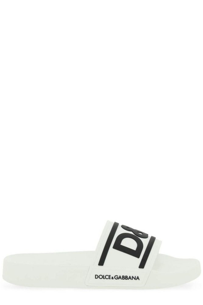 Dolce & Gabbana Logo Embossed Slides In White,black