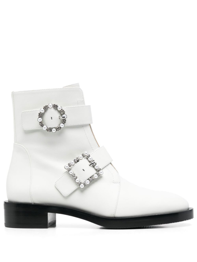 Stuart Weitzman Side Crystal-embellished Buckle Boots In Weiss