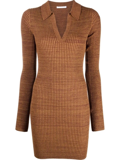Helmut Lang Marl Ribbed-knit Long-sleeve Polo Dress In Cuoio