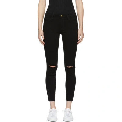 Frame Black 'le High Skinny' Crop Rips Jeans In Noir Slits