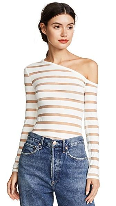 Yigal Azrouël One Shoulder Sheer Stripe Knit Top In Off White