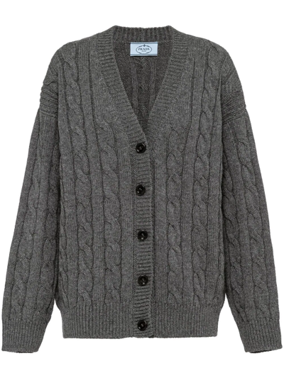 Prada Cashmere Cable Knit Cardigan In Slate Gray