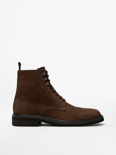 Massimo Dutti Brown Nubuck Boots With Broguing