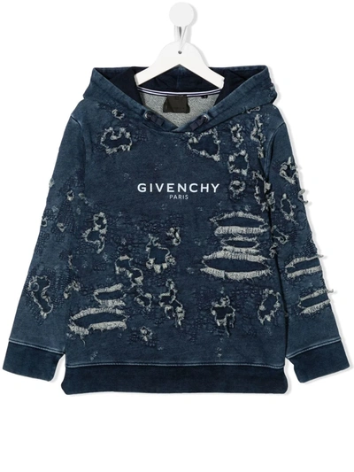 Givenchy Kids' Boy's Distressed Denim-look Hoodie Sweatshirt In Denim Scuro