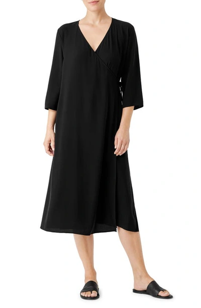 Eileen Fisher Silk Georgette Crepe Wrap Midi Dress In Black