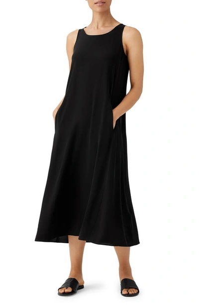 Eileen Fisher Black Silk Crepe De Chine Midi Dress