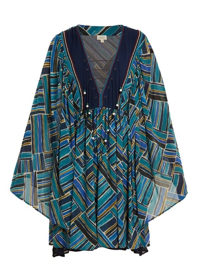 Talitha Lace-up Front Kimono Sleeves Short Silk Printed Caftan In Blue Multi