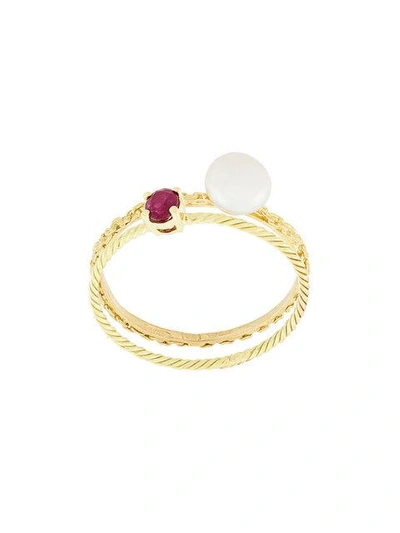 Wouters & Hendrix Gold Pearl & Ruby Set Of Rings In Gold