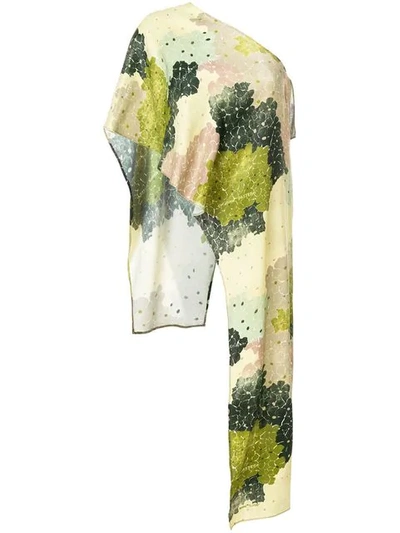 Off-white Floral-print One-shoulder Asymmetric Top In Green