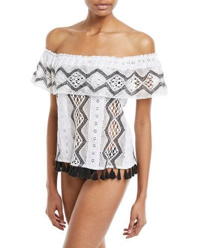 Queen & Pawn Hattusa Off-the-shoulder Broderie Anglaise Top With Tassel Hem In Black/white
