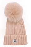 Moncler Genuine Fox Fur Pom Wool Beanie - Pink