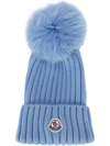 Moncler Genuine Fox Fur Pom Wool Beanie - Blue In Female