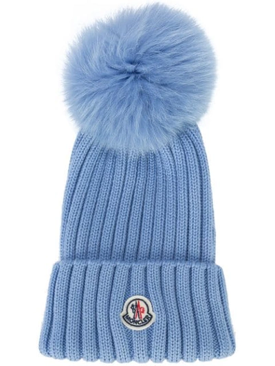 Moncler Genuine Fox Fur Pom Wool Beanie - Blue In Female