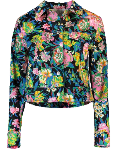 Msgm Multicolor Cropped Floral Denim Jacket In Black