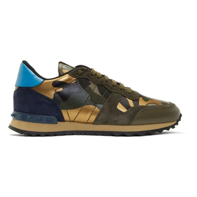 Valentino Garavani Rockrunner Camouflage Leather Sneakers In Dark Blue