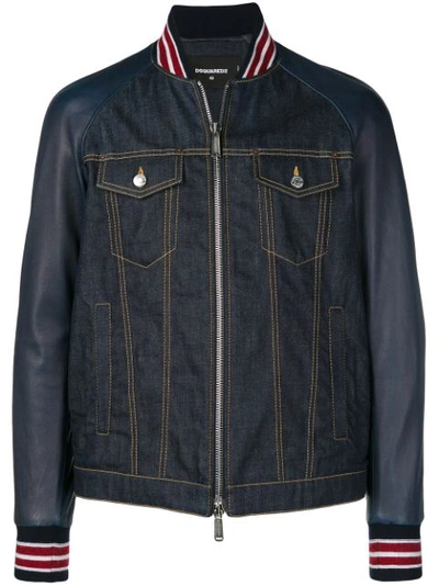 Dsquared2 Denim Bomber Jacket W/ Leather Sleeves In Blue