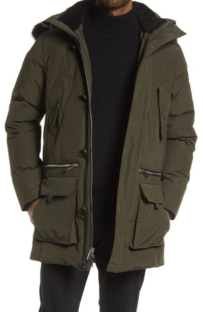 Karl Lagerfeld Quilted Fleece Lined Fur Trimmed Hooded Parka In Olive