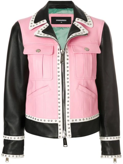 Dsquared2 Two Tone Studded Leather Biker Jacket In Pink