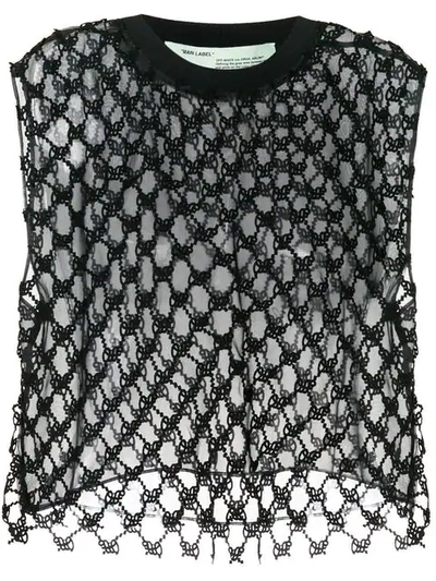 Off-white Sleeveless Crochet-lace Cropped Gym Tank In Black