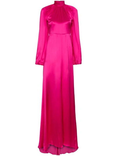 Gucci High Neck Silk Maxi Gown In Pink&purple