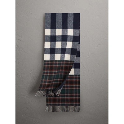 Burberry Check Merino Wool Scarf In Navy