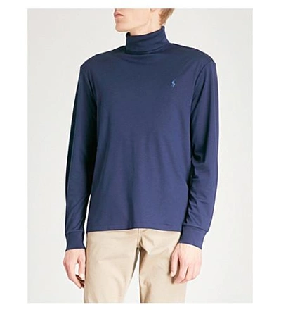 Polo Ralph Lauren Logo-embroidered Turtleneck Cotton-jersey Top In French Navy