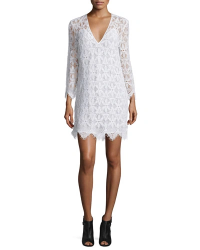 Frame Lace Long-sleeve Sheath Dress, Blanc