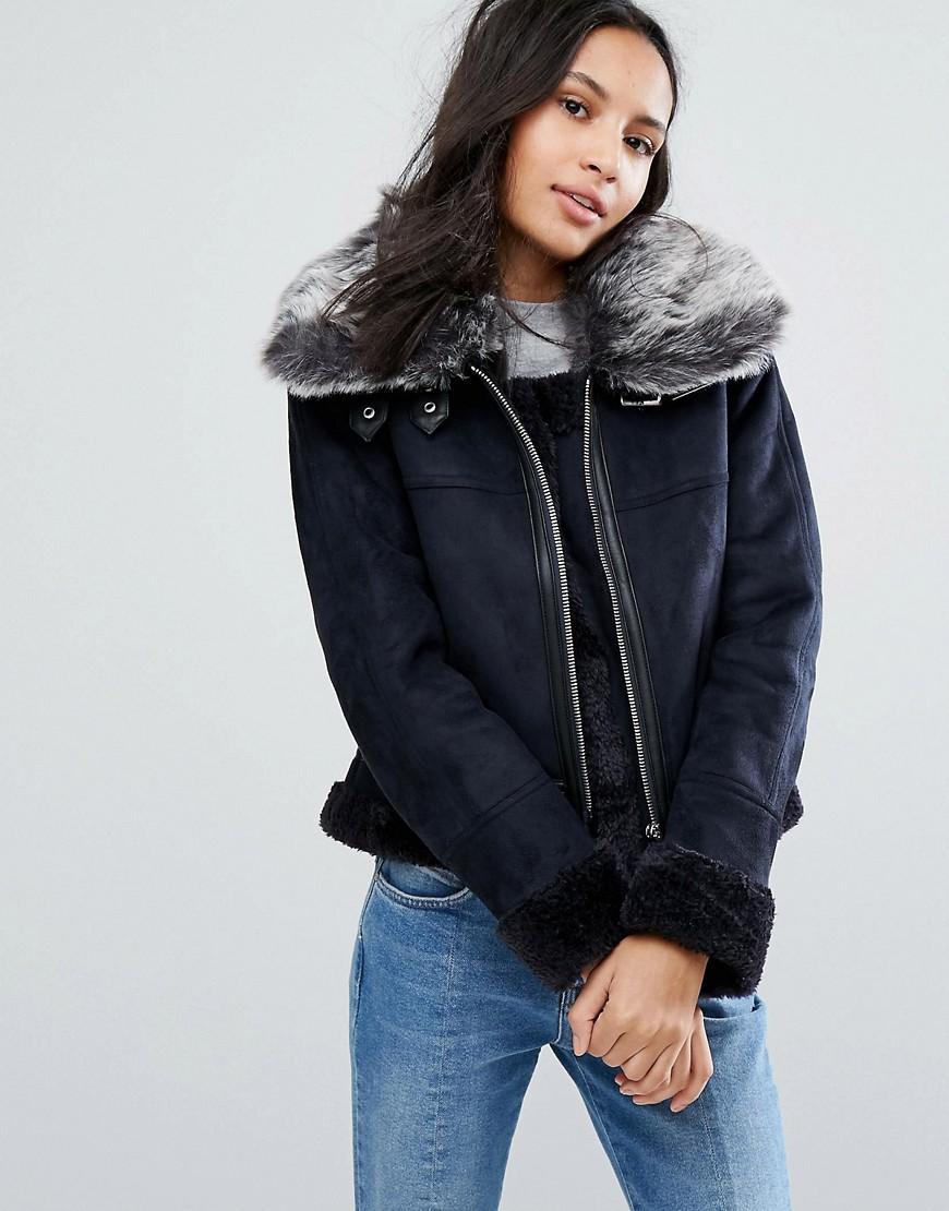 Urbancode Jacket With Large Faux Fur Collar - Navy | ModeSens