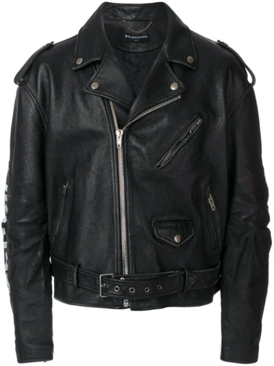 Balenciaga Printed Leather Biker Jacket In Black