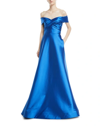 Theia Metallic Stretch Crisscross Off-the-shoulder Gown