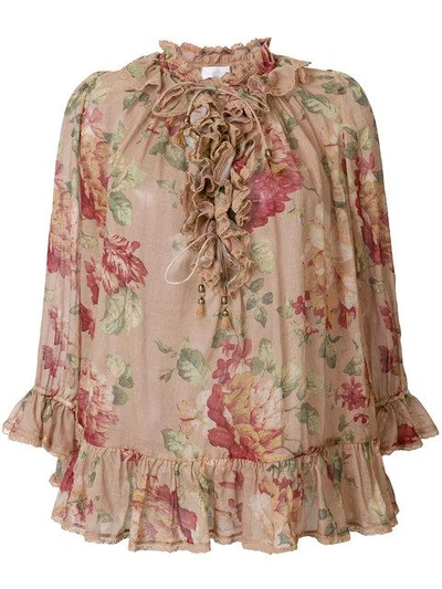 Zimmermann Floral Ruffle Blouse In Brown
