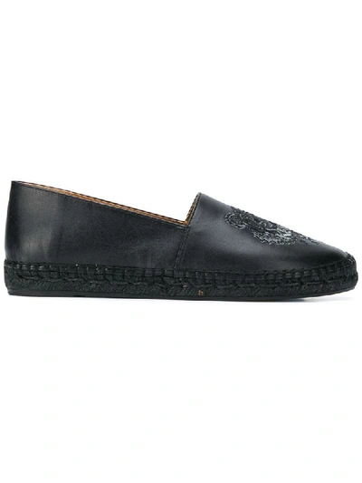 Kenzo Leather Tiger Embroidered Espadrilles In Black