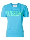 Alberta Ferretti T-shirt Slim Fit Stretch Cotton T-shirt With Tuesday Rainbow Week Print In Light Blue