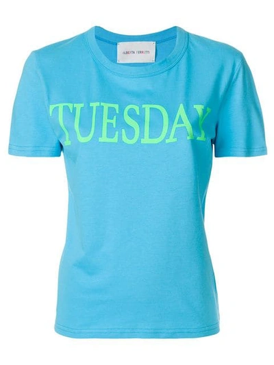 Alberta Ferretti T-shirt Slim Fit Stretch Cotton T-shirt With Tuesday Rainbow Week Print In Light Blue