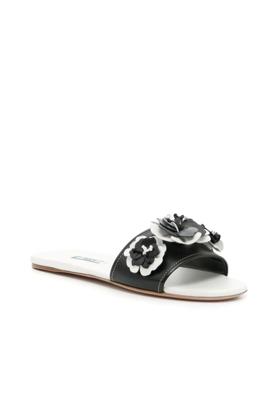 Prada Leather Flower Slides In Nero+bianconero