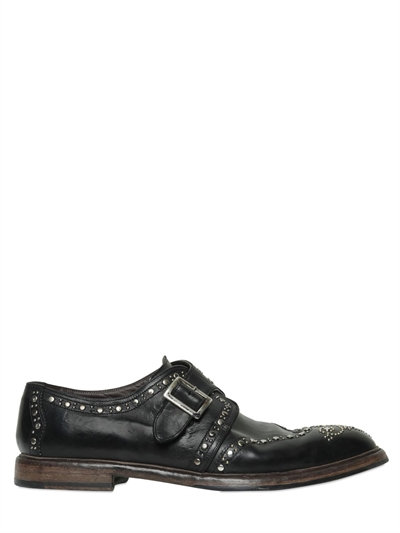 Dolce & Gabbana Brogue Studded Leather Monk Strap Shoes, Black | ModeSens