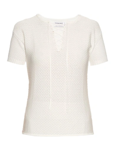Frame Le Crochet Lace-up Knitted Modal And Cotton-blend Top In Blanc