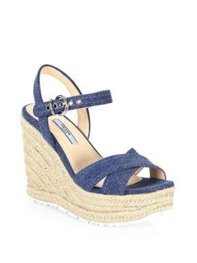Prada Denim & Raffia Wedge Sandals In Blue