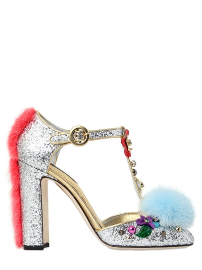 Dolce & Gabbana 105mm Fur & Glitter T-strap Pumps, Silver/multi | ModeSens