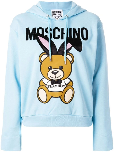 Moschino Playboy Bear Hooded Cotton Sweatshirt In Blue ModeSens