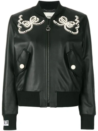 Fendi Embellished Leather Bomber Jacket In Black