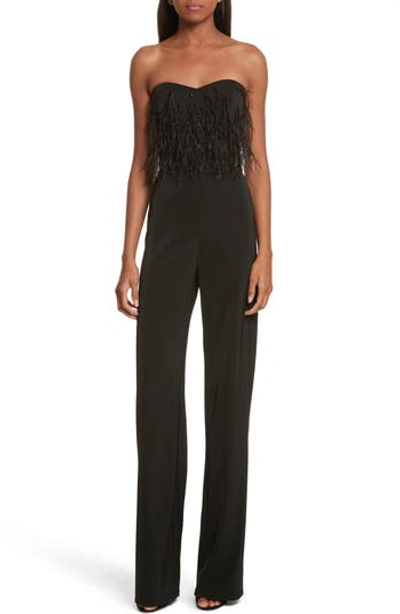 Saloni Faux Feather Trim Satin Backed Crepe Strapless Jumpsuit In Black Feather
