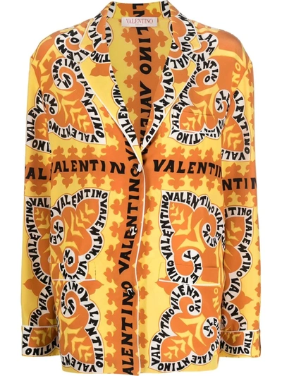 Valentino Yellow Abstract Logo Print Silk Shirt In Orange