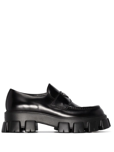 Prada Men's Monolith Lug-sole Brushed Leather Loafers In Black