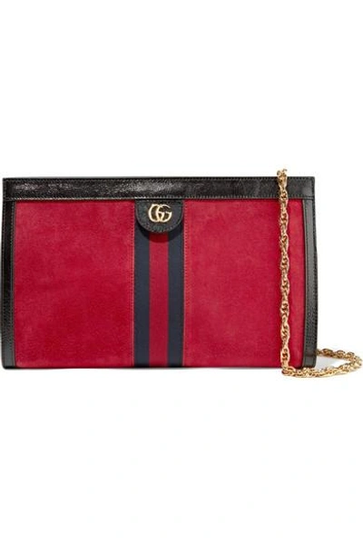 Gucci Ophidia Patent-leather Trimmed Suede Shoulder Bag In Red