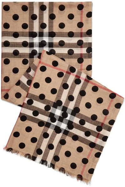 Burberry Polka-dot Checked Wool And Silk-blend Scarf In Camel