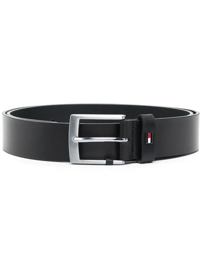 Tommy Hilfiger Denton Flag Logo Leather Belt In Black